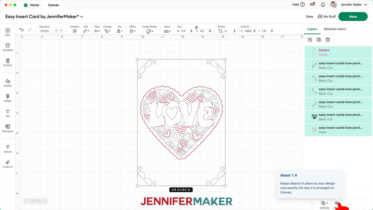 All the layers of the love insert card design are selected and the cursor hovers over the Attach button in the layers panel menu at the bottom.