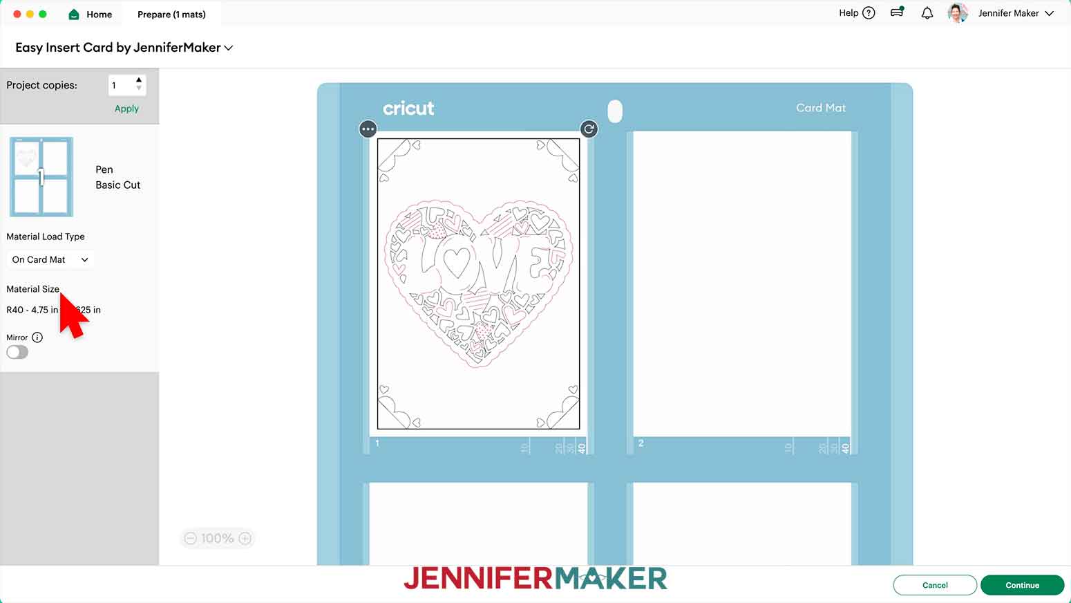 The love insert card design is shown on the Prepare menu on a card mat, the material load type has been changed to card mat and the R40 has been selected on it's own based on the size of the card.