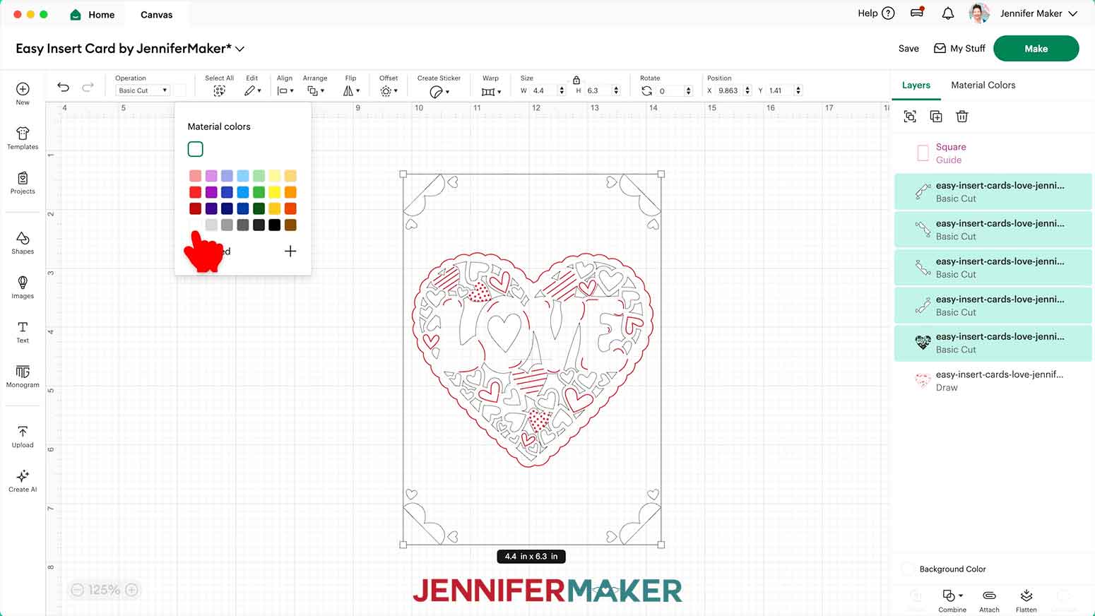 The love design is selected and the cursor hovers over the white color swatch in the materials color dropdown menu.