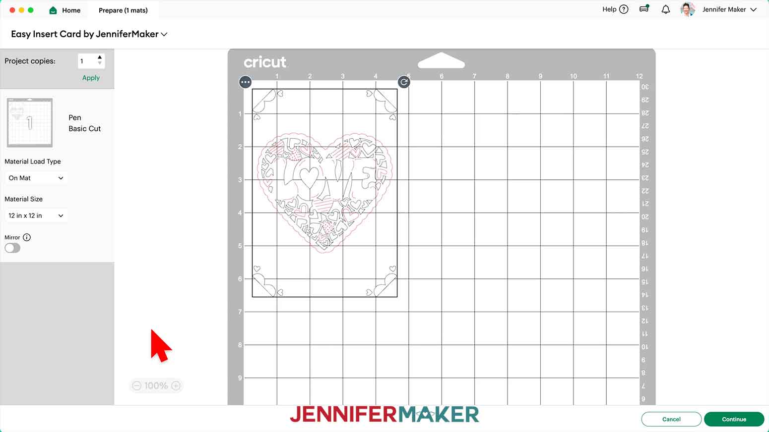 The love insert card design is shown on the Prepare menu on a 12 x 12 mat.