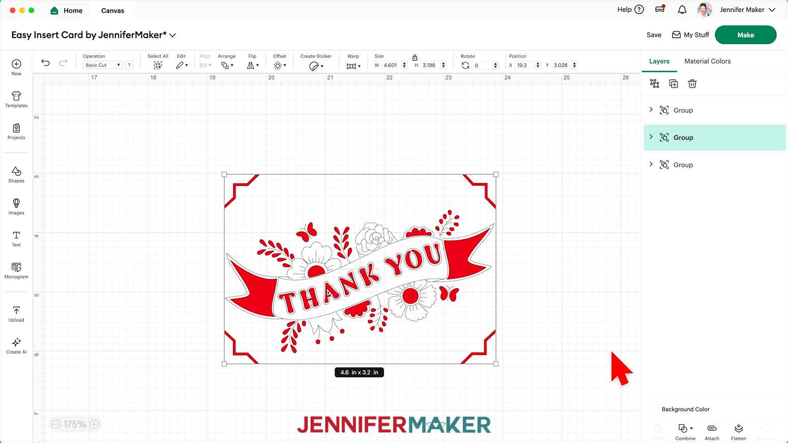 The thanks insert card is shown on the Design Space Canvas with the dimensions visible.