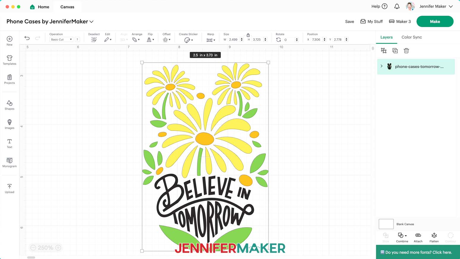 The "tomorrow" design on Cricut Design Space canvas. It is 2.5 x 3.73 inches