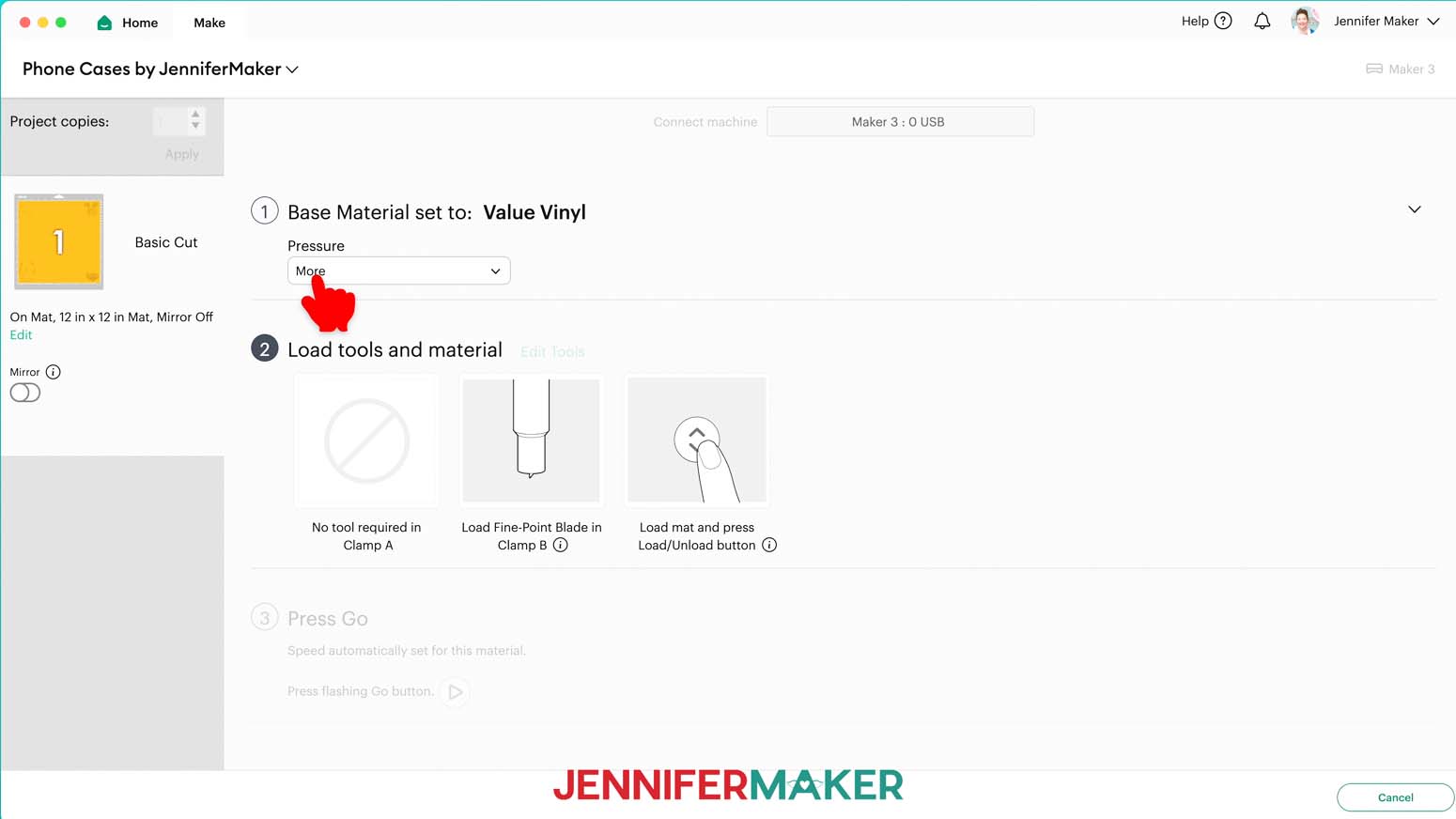 Make screen, set the Base Material for your mat. I&rsquo;m using the &ldquo;Value Vinyl&rdquo; setting with &ldquo;More&rdquo; Pressure