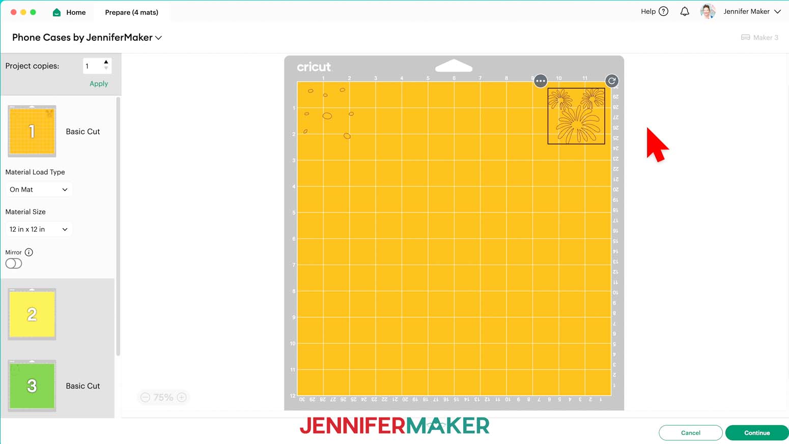 on Mat 1, click the object you just moved, and drag it to the top right corner of the mat