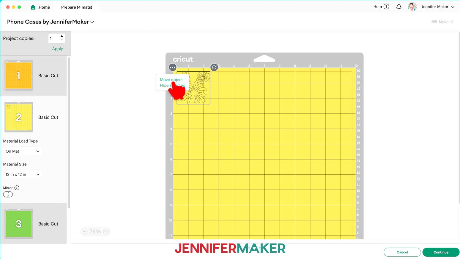 Select Mat 2, then click the three dots in the top left corner of the shape and select &ldquo;Move Object.&rdquo;