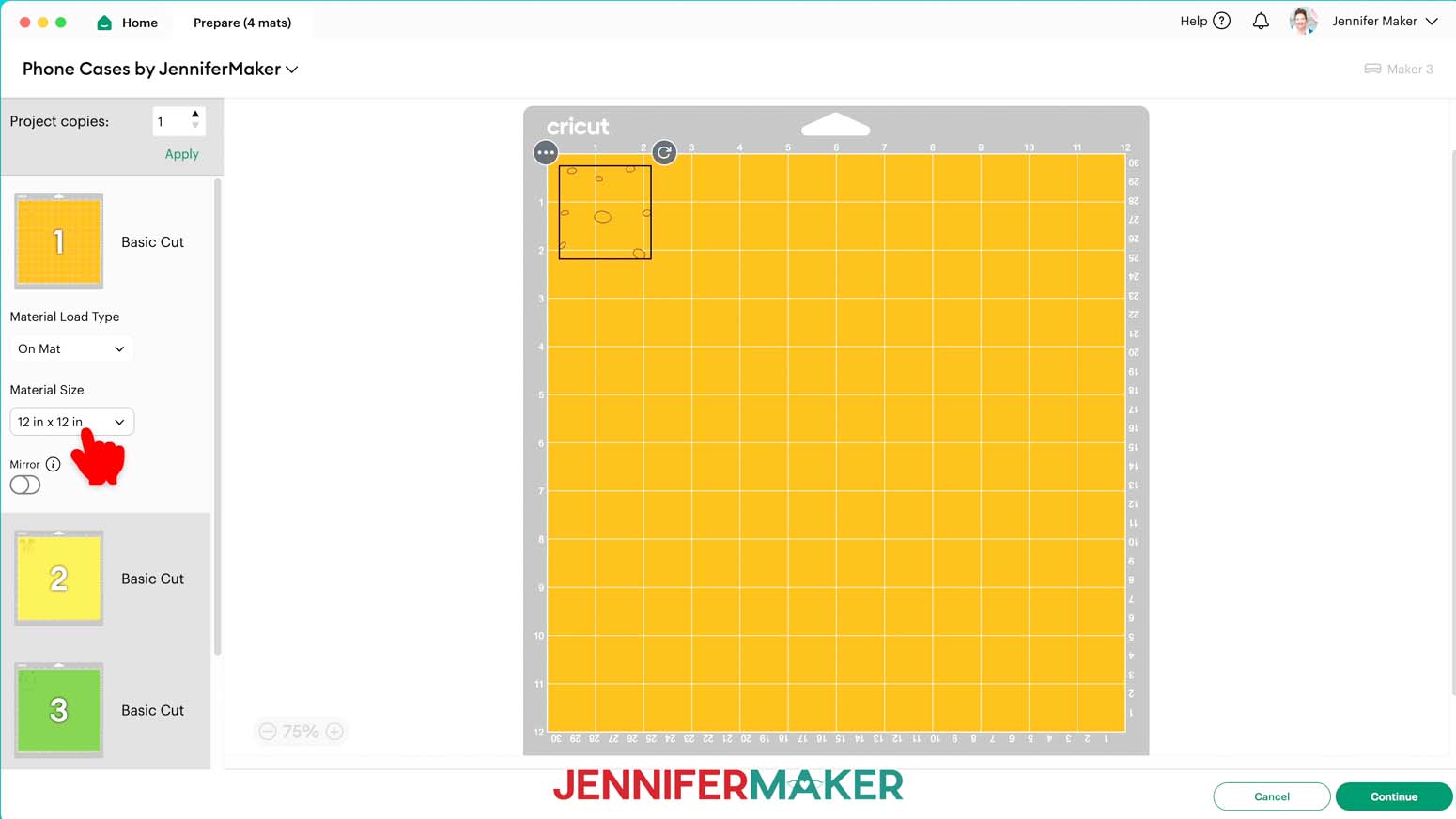 Click Mat 1 and select the 12&rdquo; x 12&rdquo; size