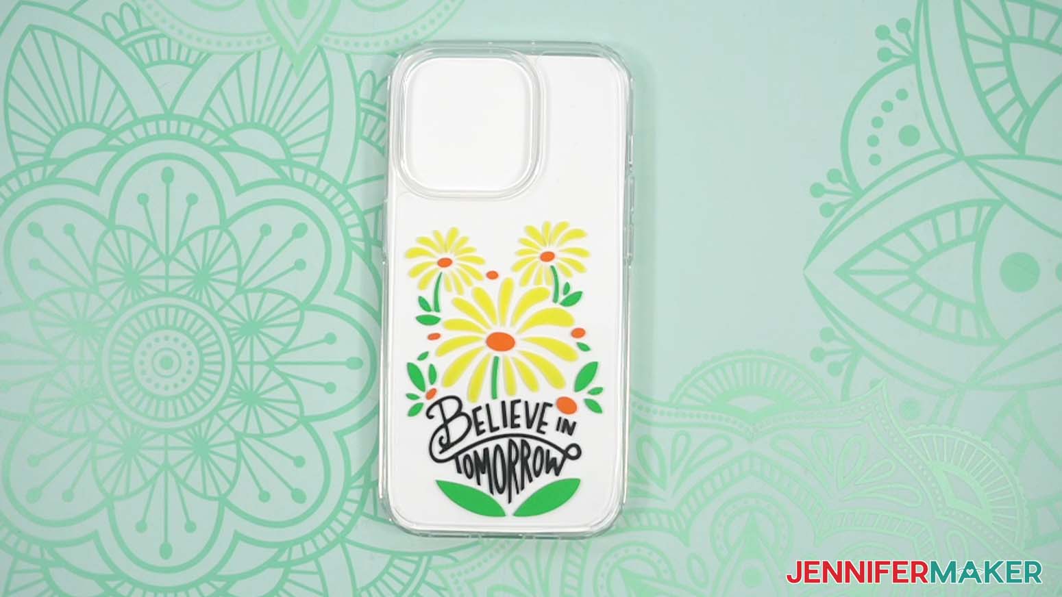 A phone case with the believe in tomorrow vinyl design