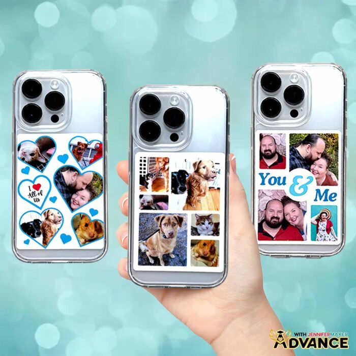 Learn how to make a phone case with vinyl decals in JenniferMaker's tutorial! Three phone cases are on display, each with a photo collage featuring photos of Jennifer, her partner Greg, and their pets.