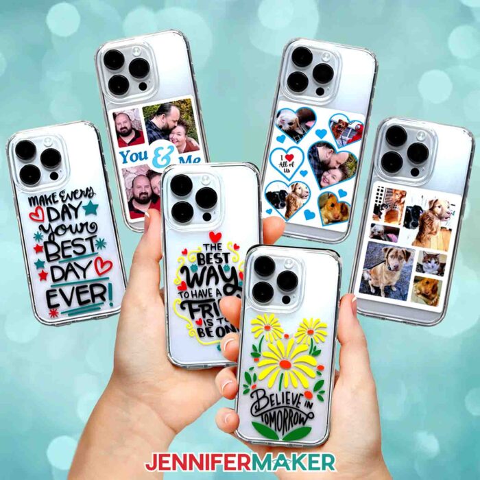 Learn to make phone cases with vinyl in this step-by-step tutorial with JenniferMaker! Six smartphones with plastic cases display their vinyl designs. Three cases have positive sayings and bright shapes. Three cases have different photo collages.