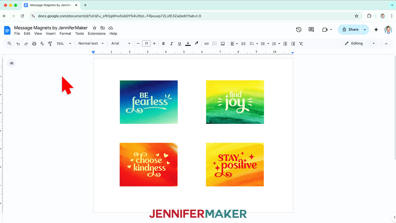 Upload the three additional designs and place them spaced out on the Google docs page.