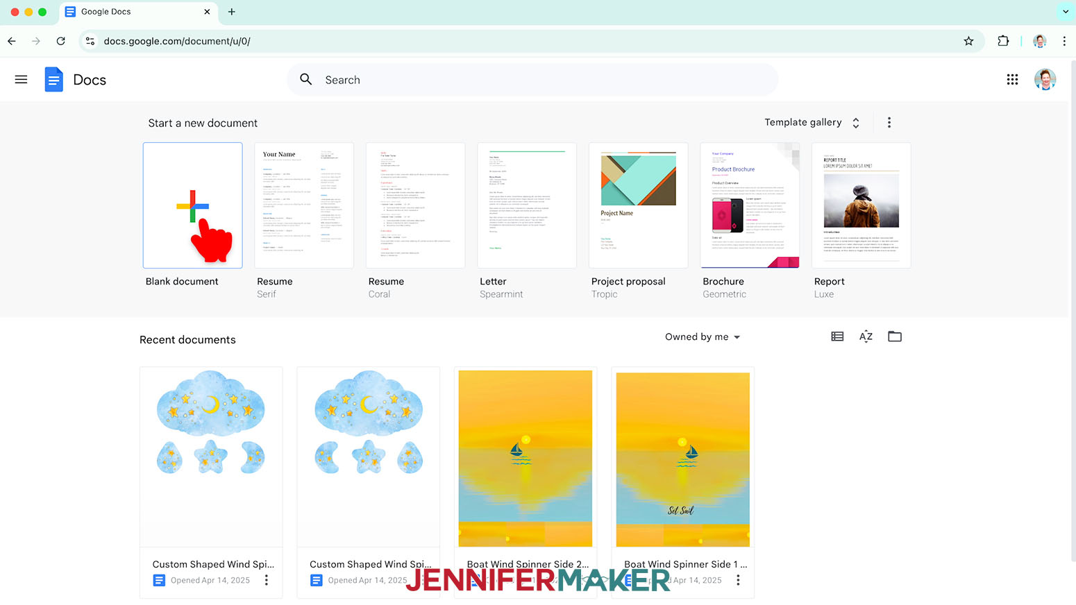 In Google Docs, click on Blank Document to open a new page.