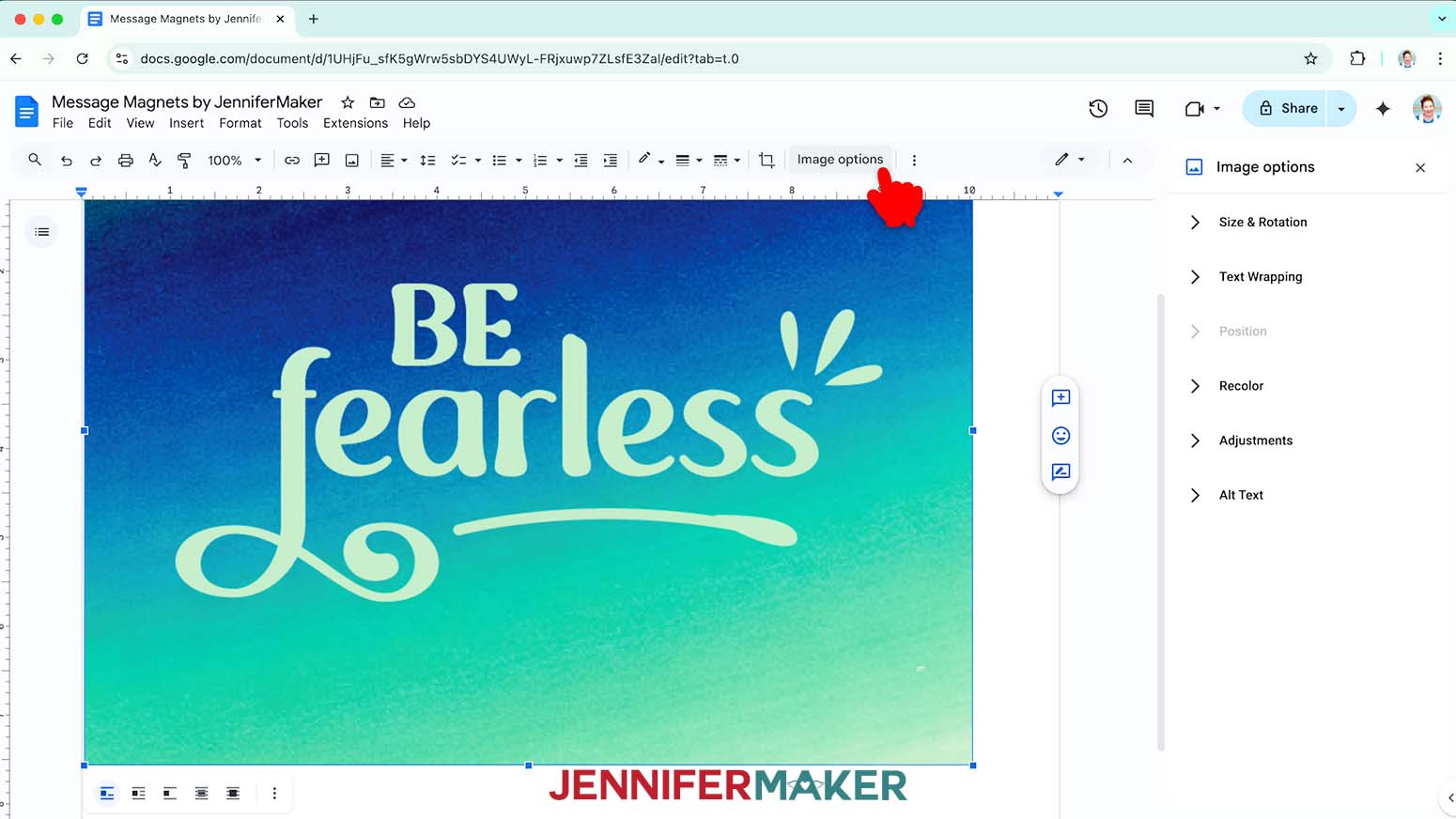 In the document screen and with the image selected, click "Image Options."