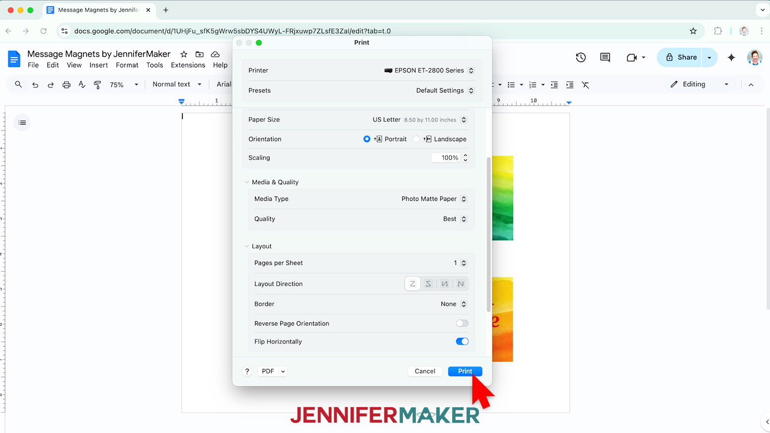 Toggle on to flip the document horizontally which will mirror the design.