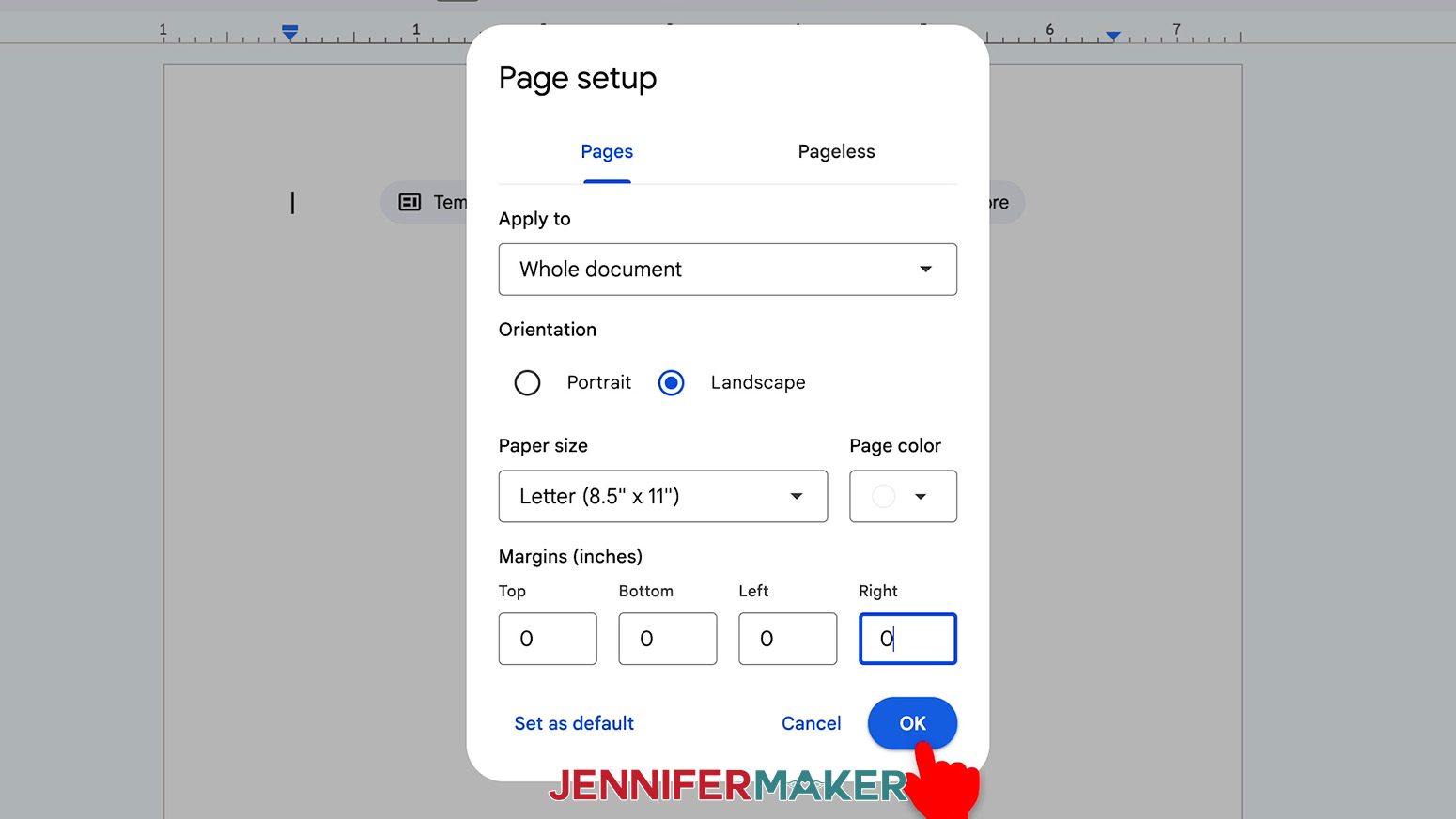 In the Page Setup screen, set all of the margins to 0 and change the orientation to landscape.