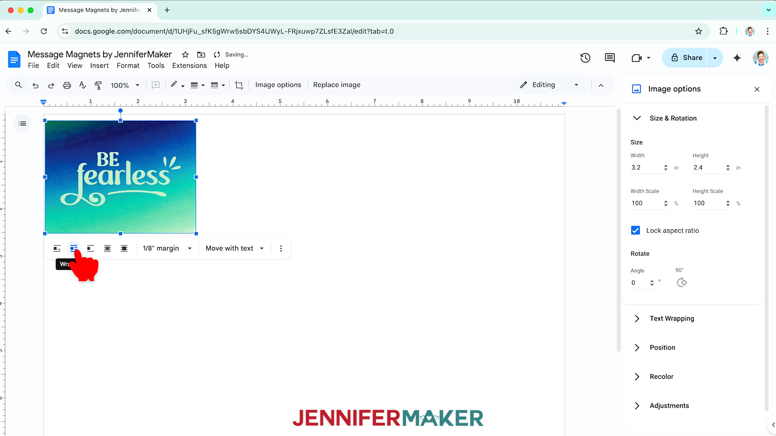 Click on the wrap text icon to freely move the image on the document page.