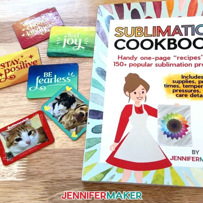 Jennifer's magnets beside a copy of her "Sublimation Cookbook."