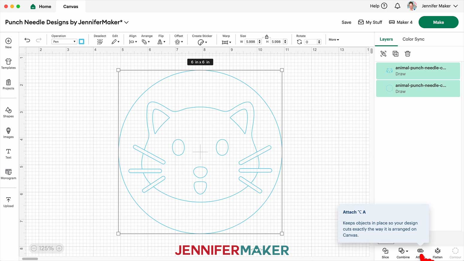 Click Attach to finish preparing the needle punch design for drawing.