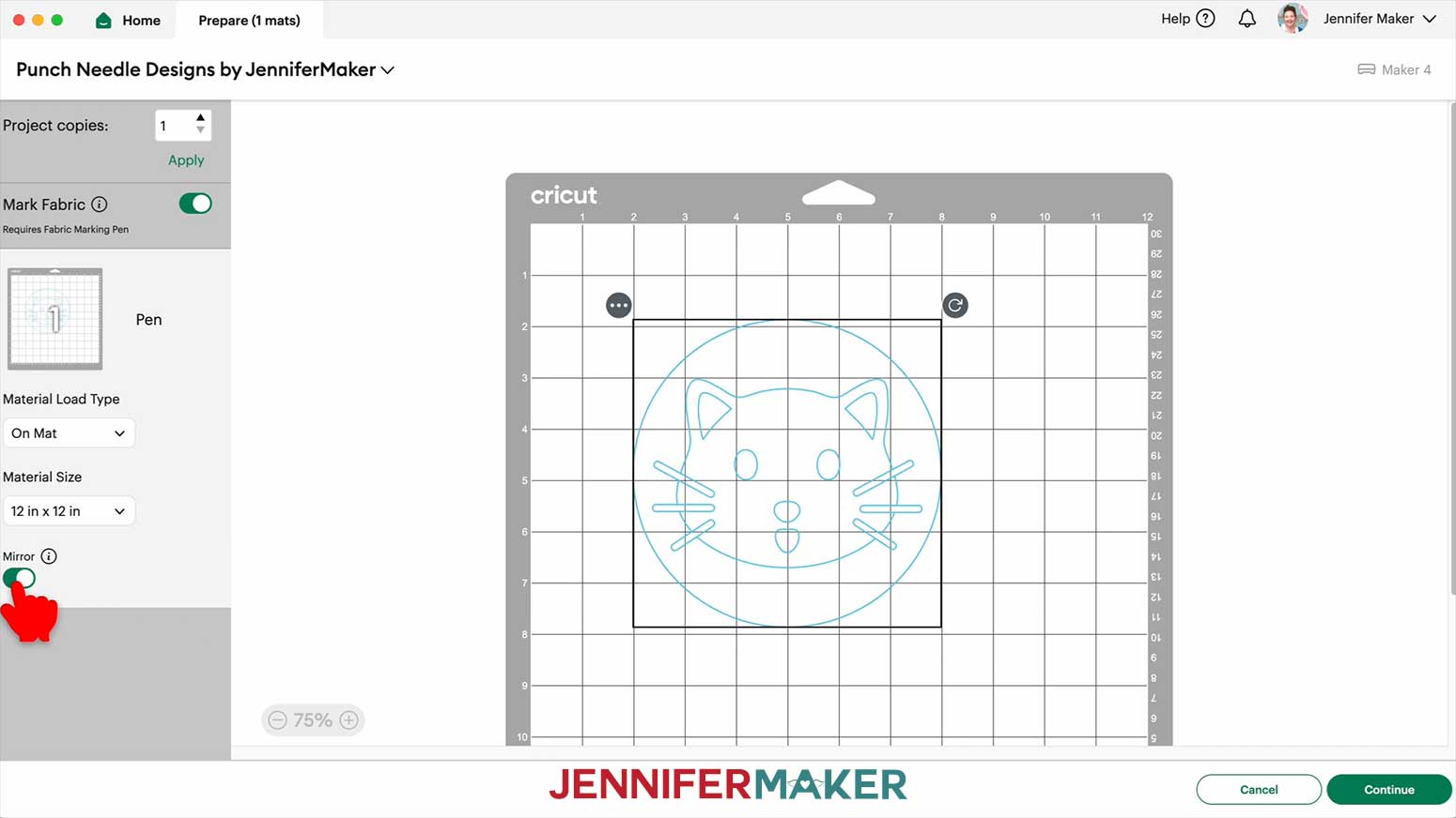 Select Mirror to flip the punch needle design when drawing it onto the cloth.