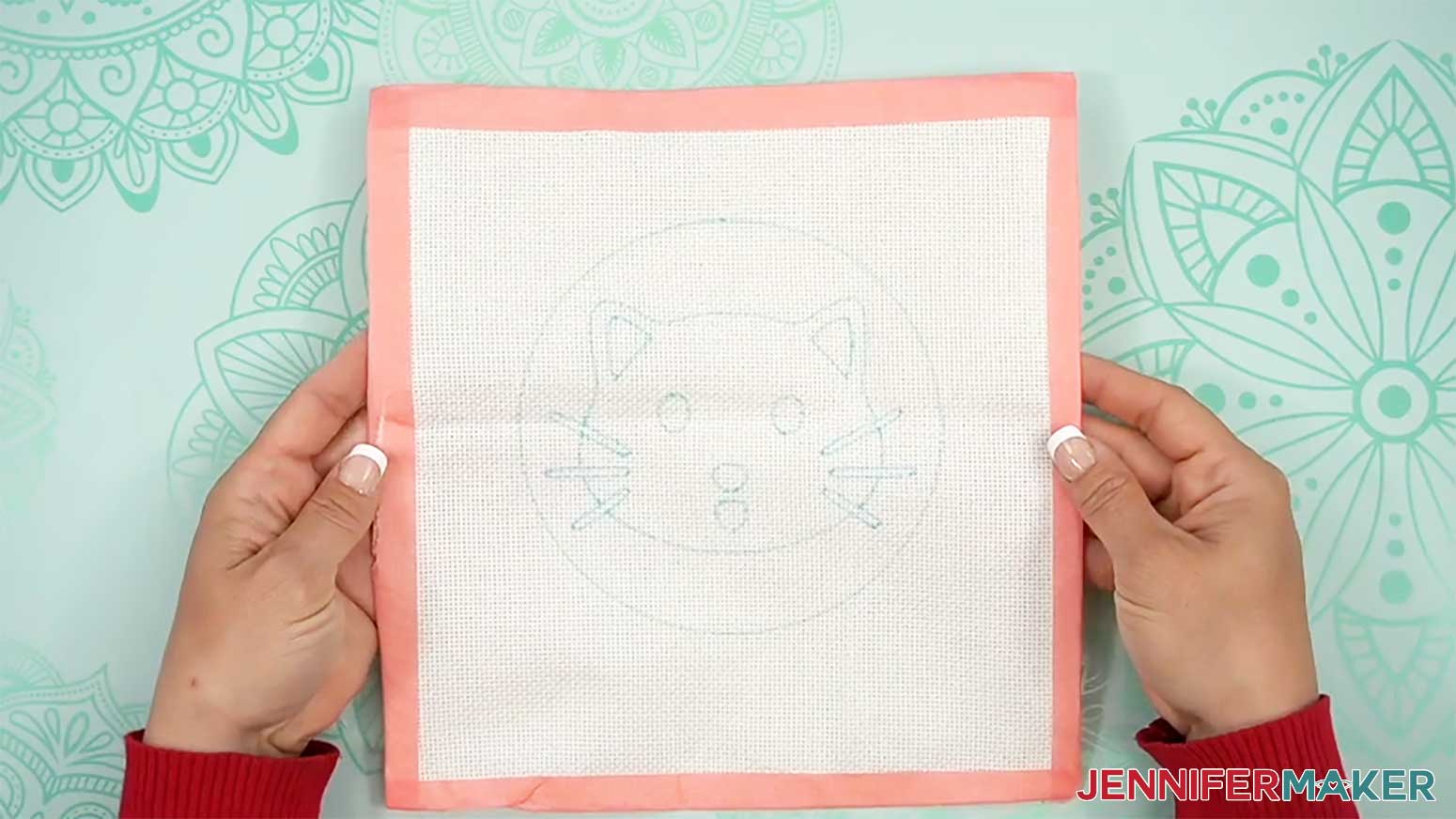 The fabric with the punch needle design is ready to stitch.