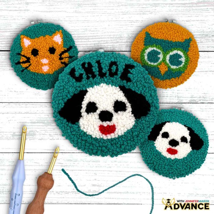 Four punch needle projects: a custom dog with the name "Chloe" on it, an orange cat, a teal owl, and a black and white dog.