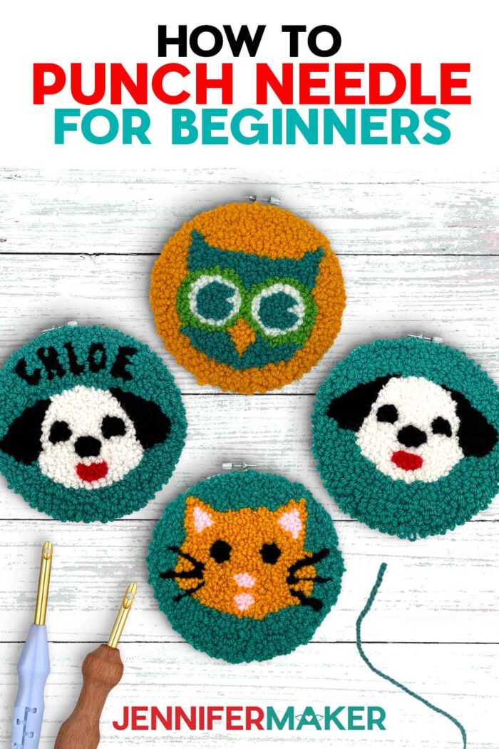 How to punch needle for beginners. Four easy punch needle projects on a table: a dog personalized with the name Chloe, an owl, a cat, and a dog.