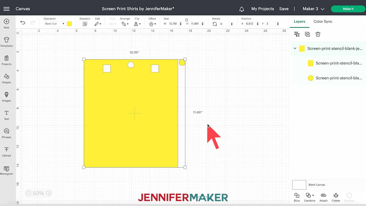 The How to Screen Print a Shirt with Cricut blank stencil design on the Cricut Design Space canvas. The size is 10.781 inches wide by 11.491 inches high.