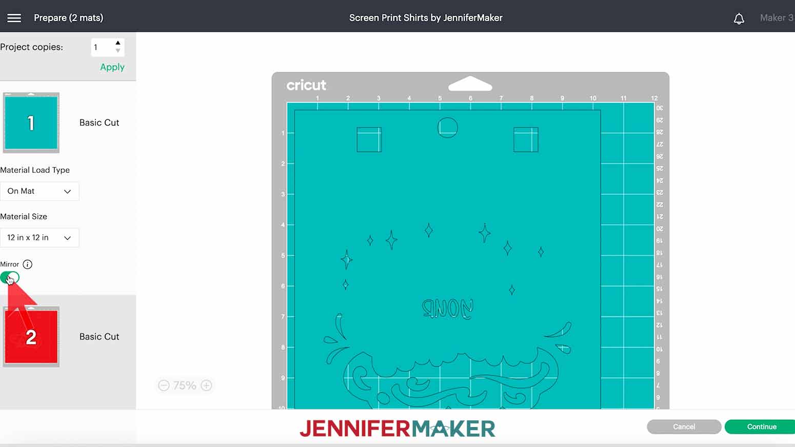 Prepare screen in Cricut Design Space showing the Mirror button being turned on for the first mat of a screen printed shirt stencil