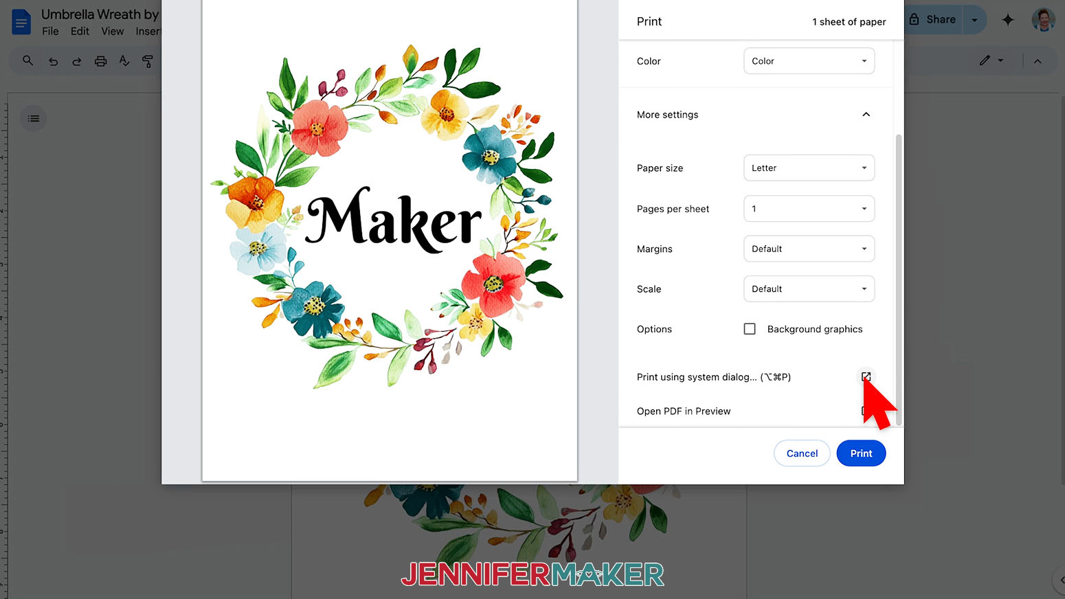 Select Print Using System Dialog box to access all the printer options when printing the sublimation umbrella design.
