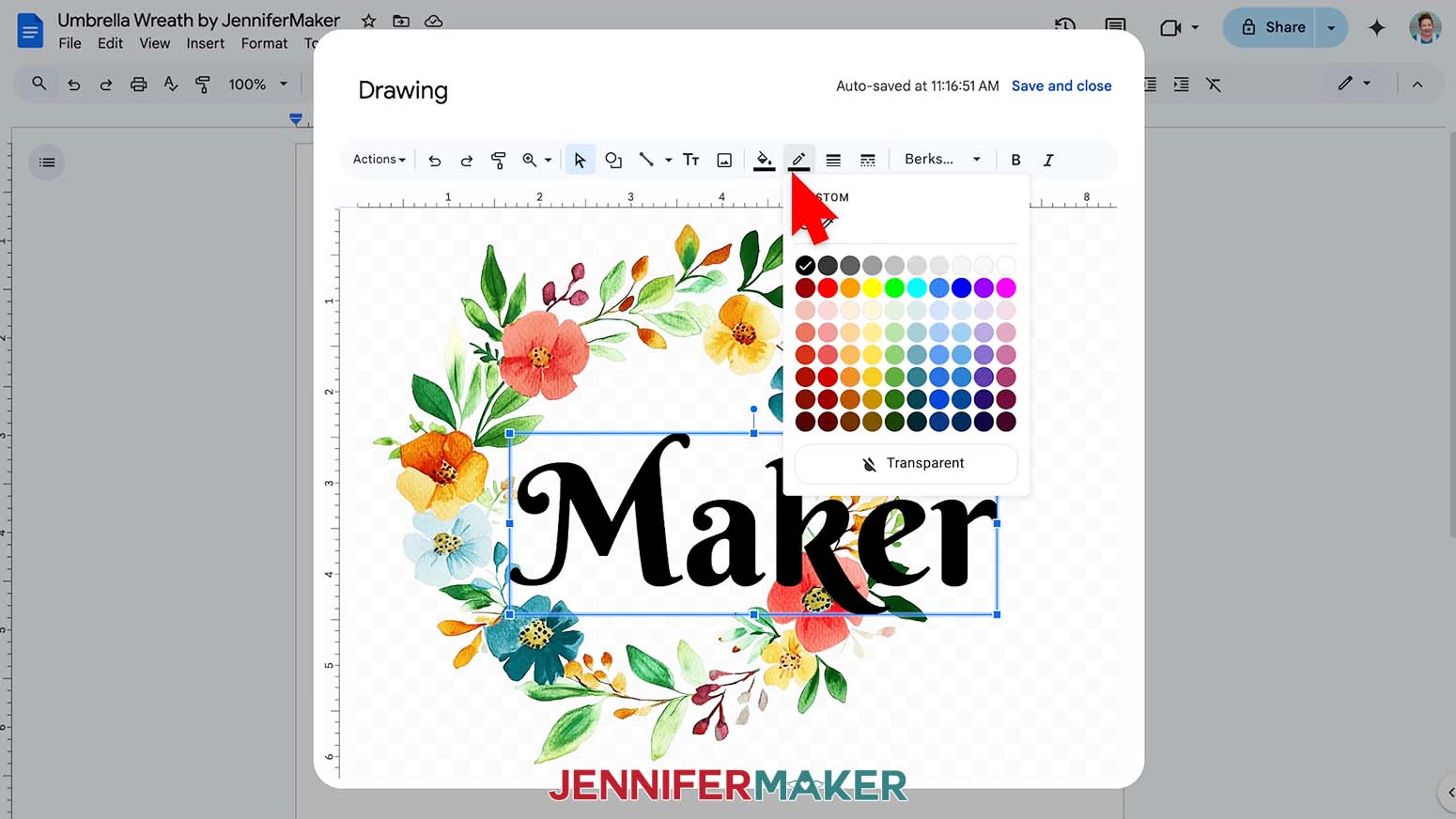 Click the pencil icon to add or change the color of an outline on the text for the sublimation umbrella design.