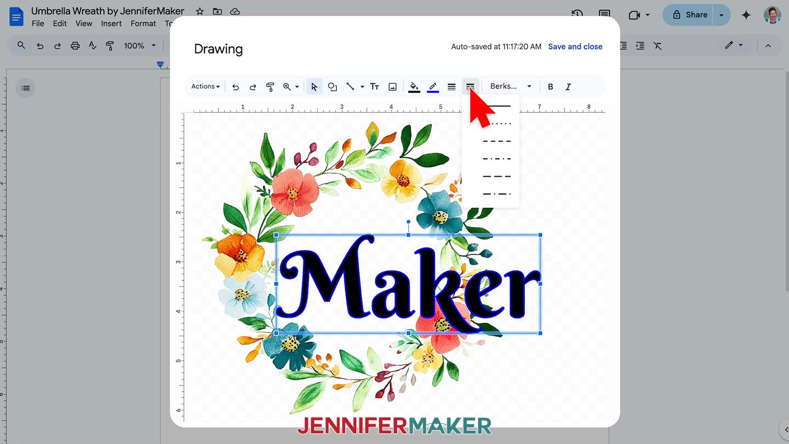 Select the border style menu to change the way the border of the text looks for the sublimation umbrella design.