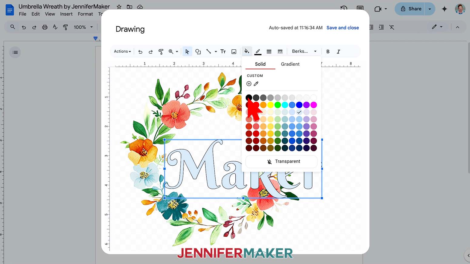 Click the bucket icon to change the color of the text for the sublimation umbrella design.