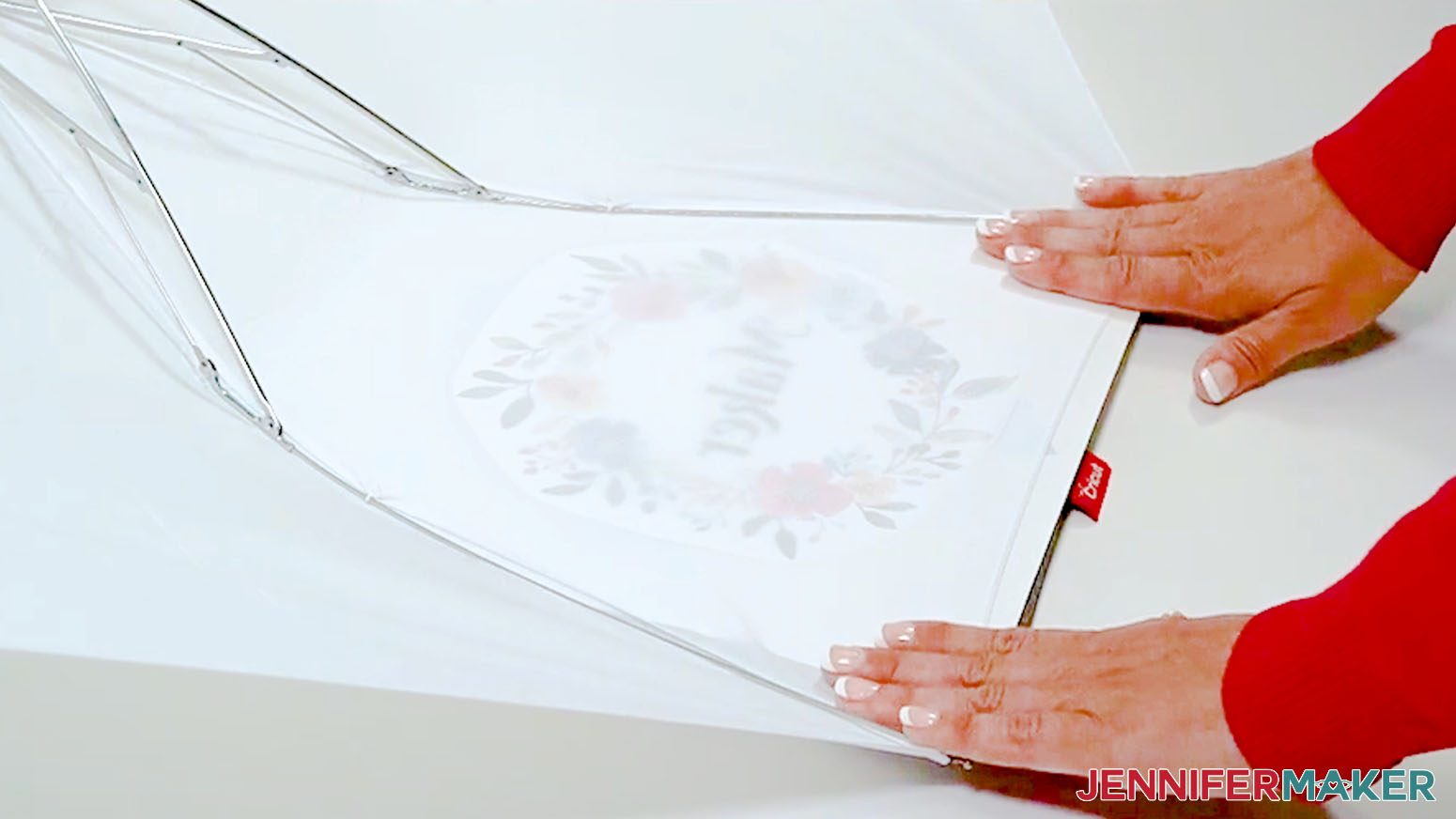 The design is face up under the upside down sublimation umbrella when pressing.