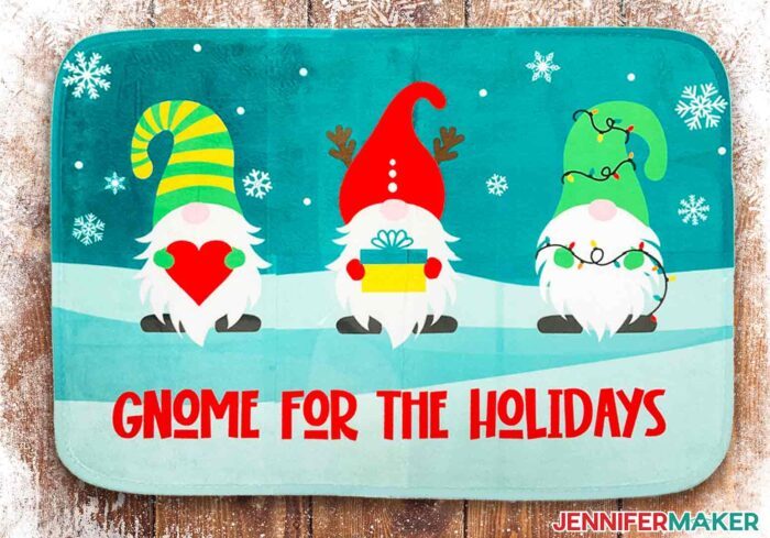 Full color sublimation doormat with cartoon gnomes and Gnome for the Holidays phrase.