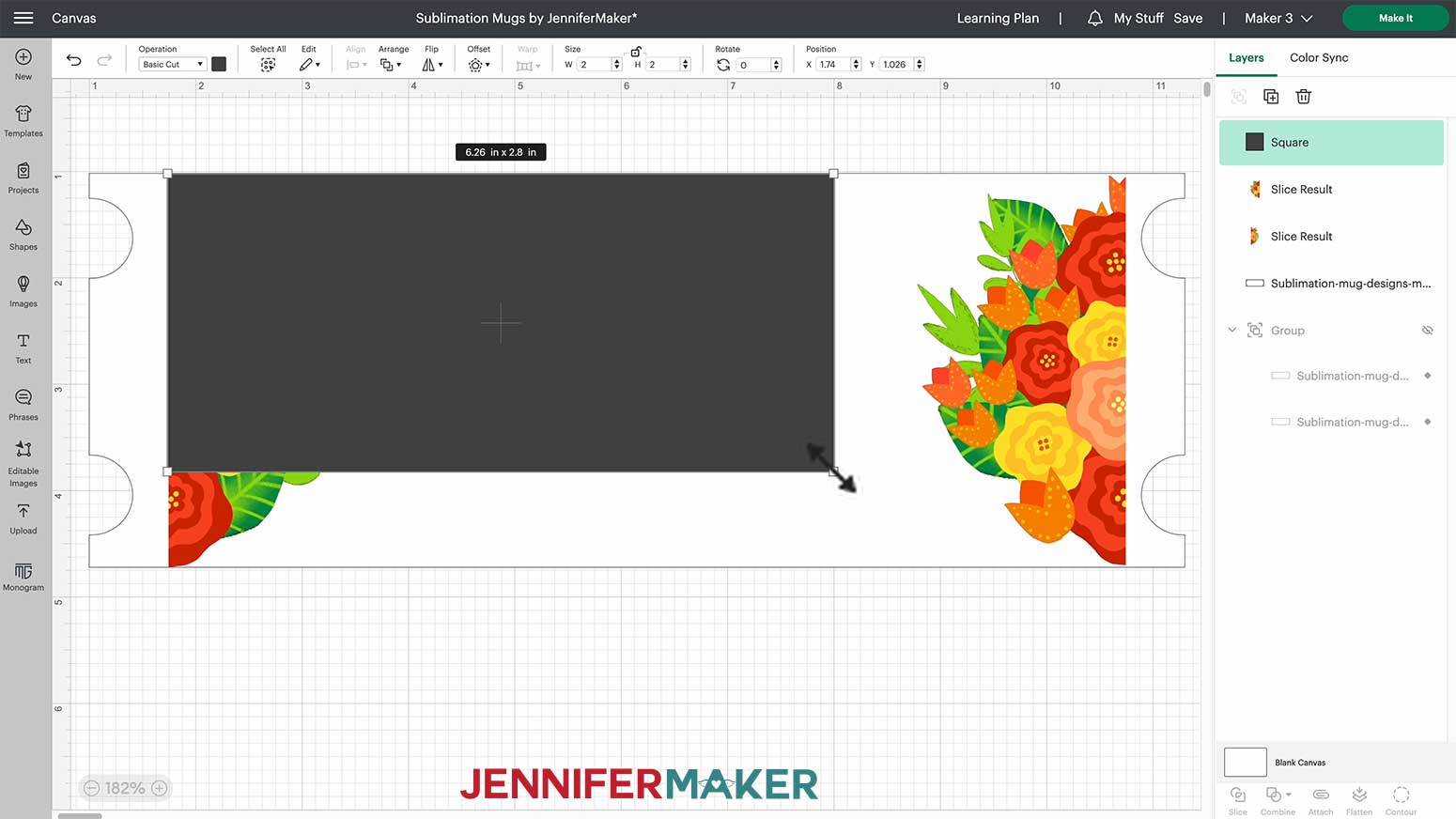 Click the unlock button and line the left edge of the box to the edge of the flower design at the 3/4” mark and drag it to the opposite corner of the template. My rectangle is 8.5" x 3.7".