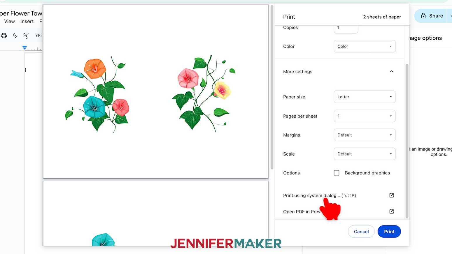 Click Print Using System Dialogue to be able to change the advanced print settings for the toilet paper sublimation design.