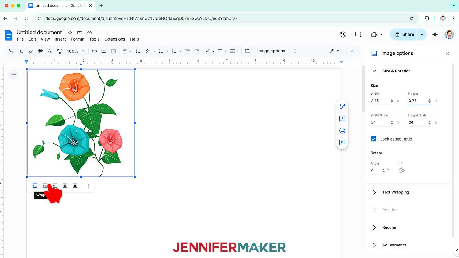 Select Wrap Text to be able to move the image around the Google Docs page for the toilet paper sublimation design.