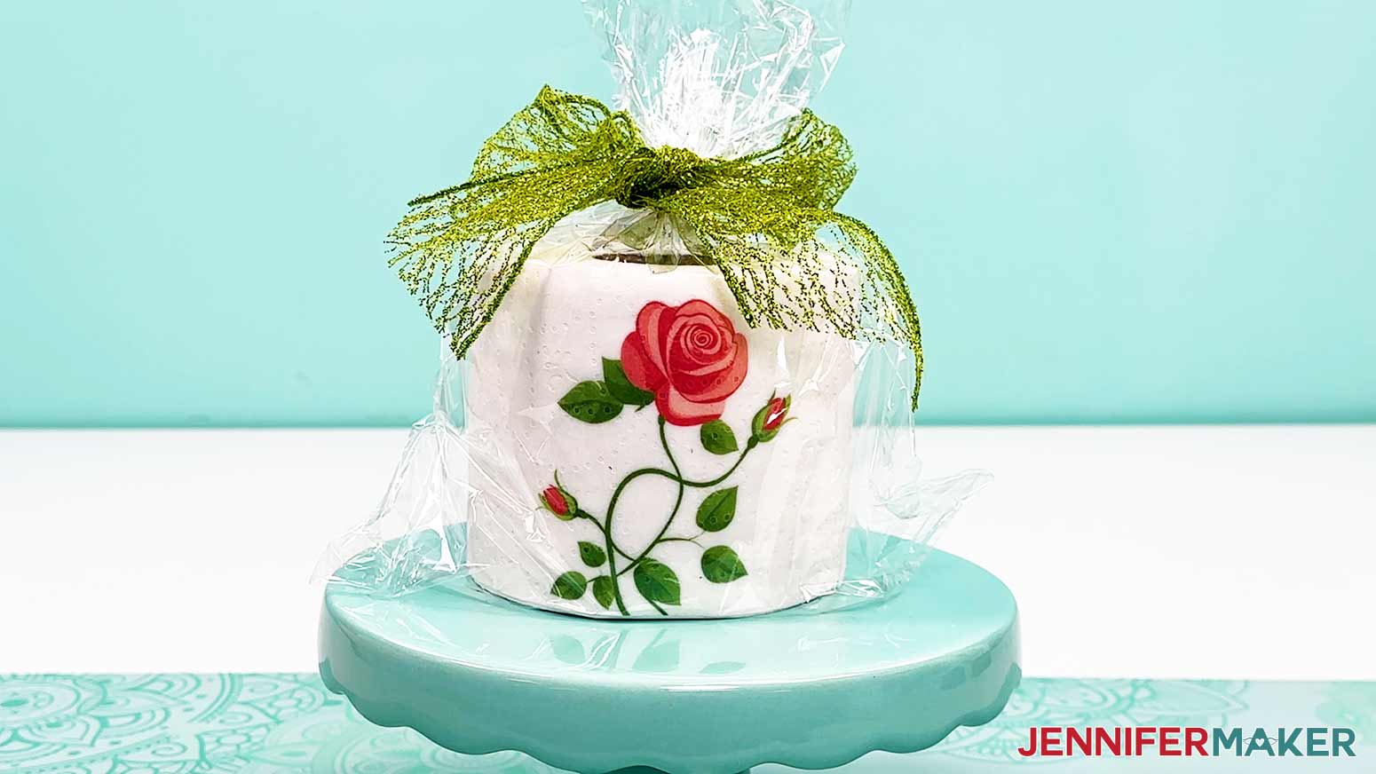 A single roll of sublimation toilet paper is packaged for gift giving.