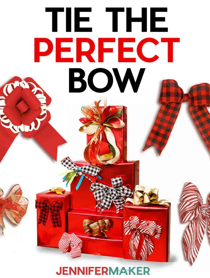 Red gifts decorated with several handmade ribbon and paper bows using the JenniferMaker tutorial on how to tie a perfect bow.