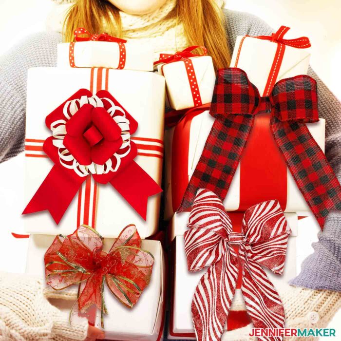 A person holding a stack of wrapped gifts decorated with handmade ribbon and paper bows.