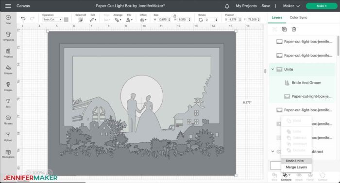 Undo the United layers to unweld them from one another in Cricut Design Space
