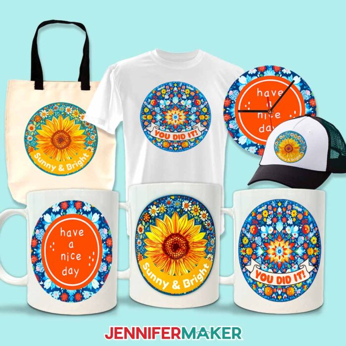 A collection of sublimation and Print Then Cut projects like tote bags, T-shirts, and mugs featuring the circle PNG designs with quotes. Learn How To Use Canva For Beginners to learn how to make your own craftable designs!
