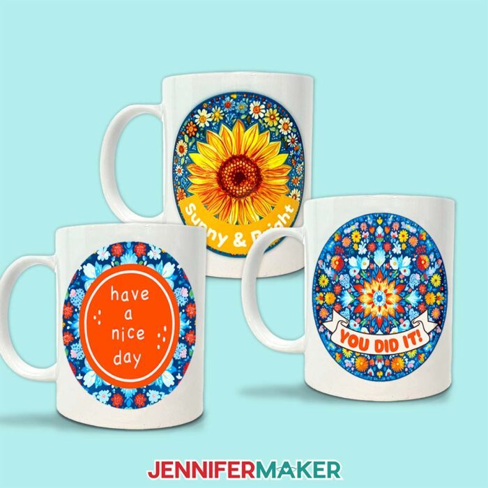 A collection of sublimated mugs featuring the circle PNG designs with quotes. Learn How To Use Canva For Beginners to learn how to make your own craftable designs!