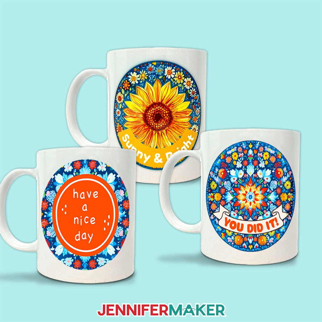 Three colorful circle designs made in Canva and sublimated on white ceramic mugs.