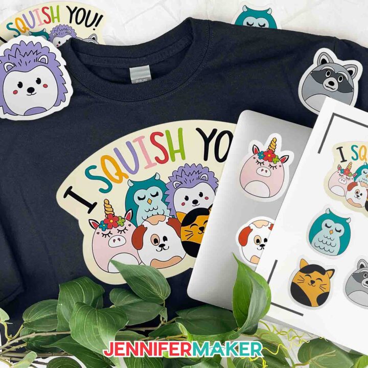 Learn how to use printable vinyl with Cricut! Create super cute squish-inspired iron-on T-shirt designs and stickers with JenniferMaker's new tutorial.