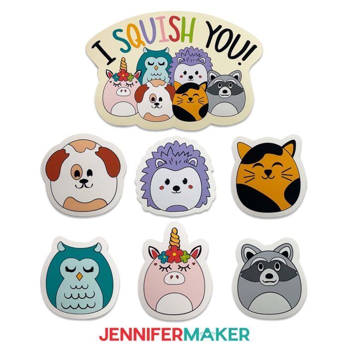 Group of colorful round plush animal-inspired designs for the JenniferMaker printable vinyl tutorial. The lower section has a white and brown spotted dog, a purple hedgehog, an orange and black cat, a teal owl, a pink unicorn, and a gray raccoon. The top is a design with all six animals huddles together under the phrase "I squish you" in colorful writing.