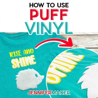 How to use Puff Vinyl! Turquoise blue T-shirt with a puffy white vinyl porcupine and "Rise and Shine" in yellow HTV. Learn how to make 3D puff vinyl T-shirts with JenniferMaker's tutorial!
