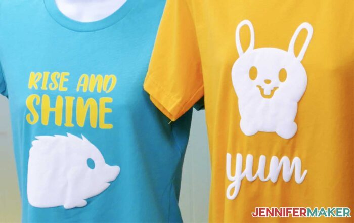 Rurquoise and orange shirts with a cute white puff vinyl bunny and the word "yum". Learn how to use puff vinyl with JenniferMaker's tutorial!