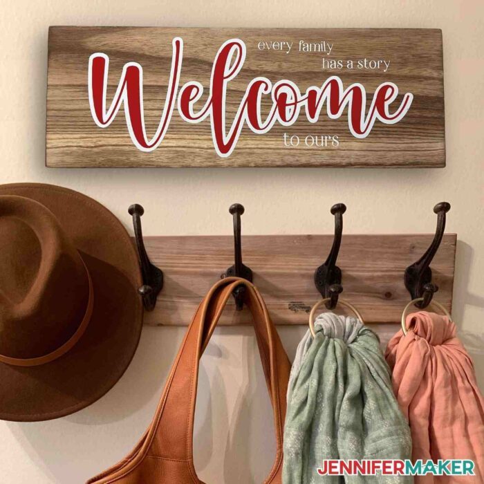 Wooden Welcome sign made using HTV