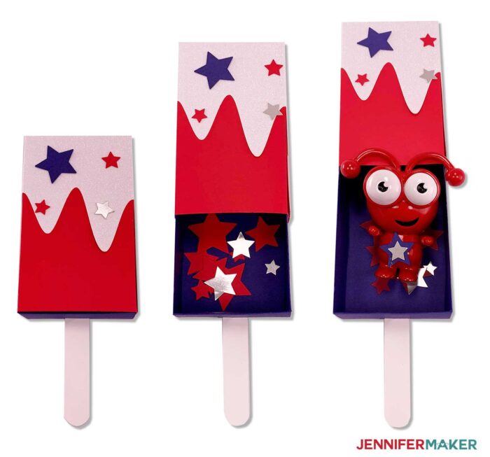 Ice cream treat box with sliding drawer to hold candy or gift cards in red, white, and blue