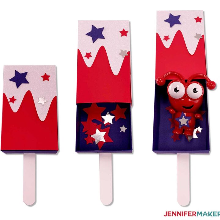 Ice cream treat box with sliding drawer to hold candy or gift cards in red, white, and blue